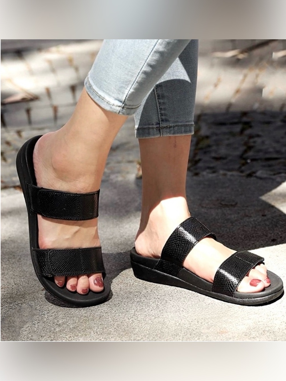 Black Women's Double-Strap Slide Sandals